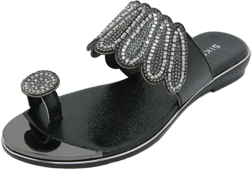 Women's Sparkly Rhinestone Toe Ring Flat Sandals Comfort Embellished Flipflops Summer Beach Slide Sandal